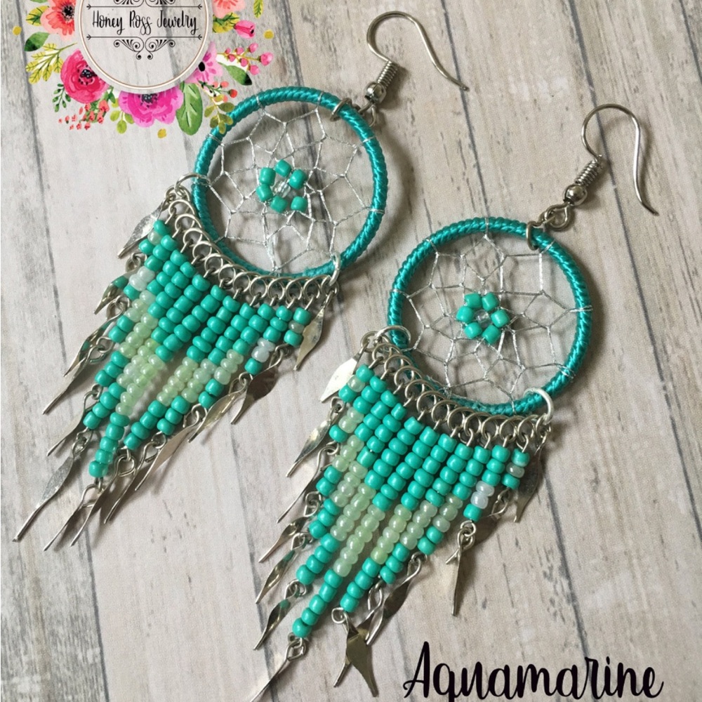 Aquamarine Dreamcatcher Earrings with Beaded for women gift for Birthday